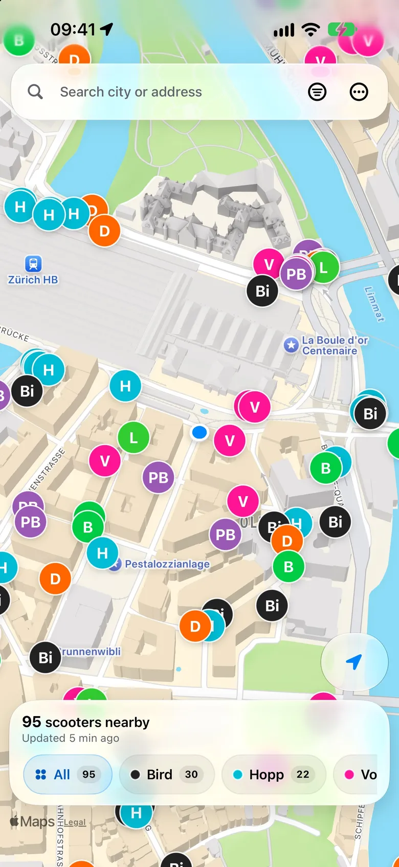 The same streets by day, with the pins of every provider on one map.
