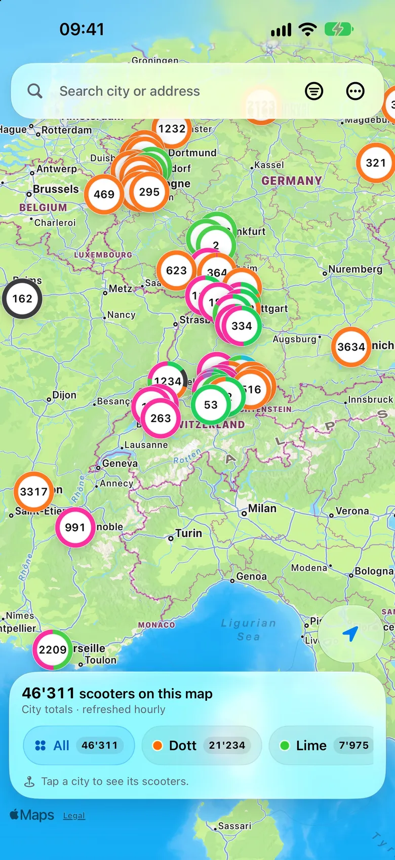 The map zoomed out over Europe, with the number of scooters on each city.
