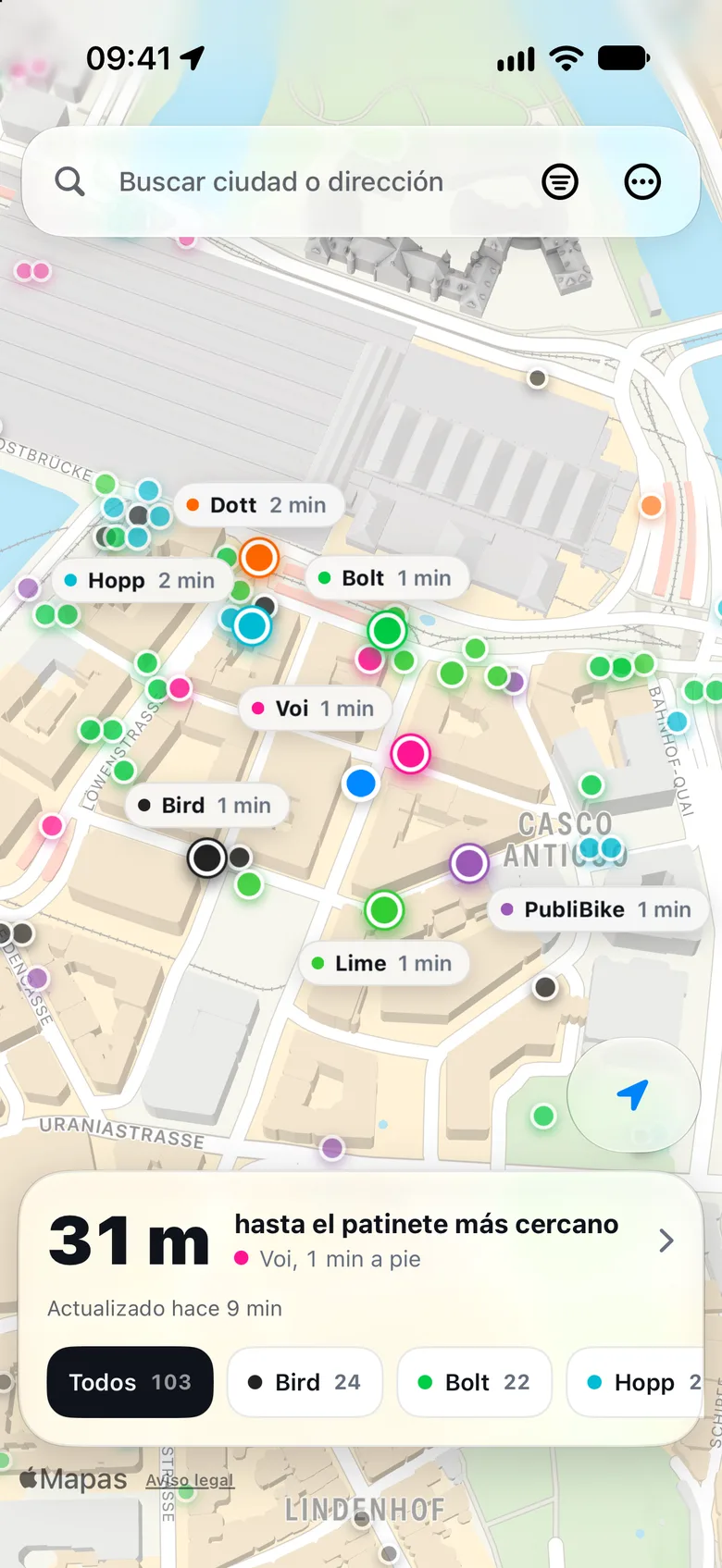 Las mismas calles de día, con los puntos de todos los operadores en un solo mapa.