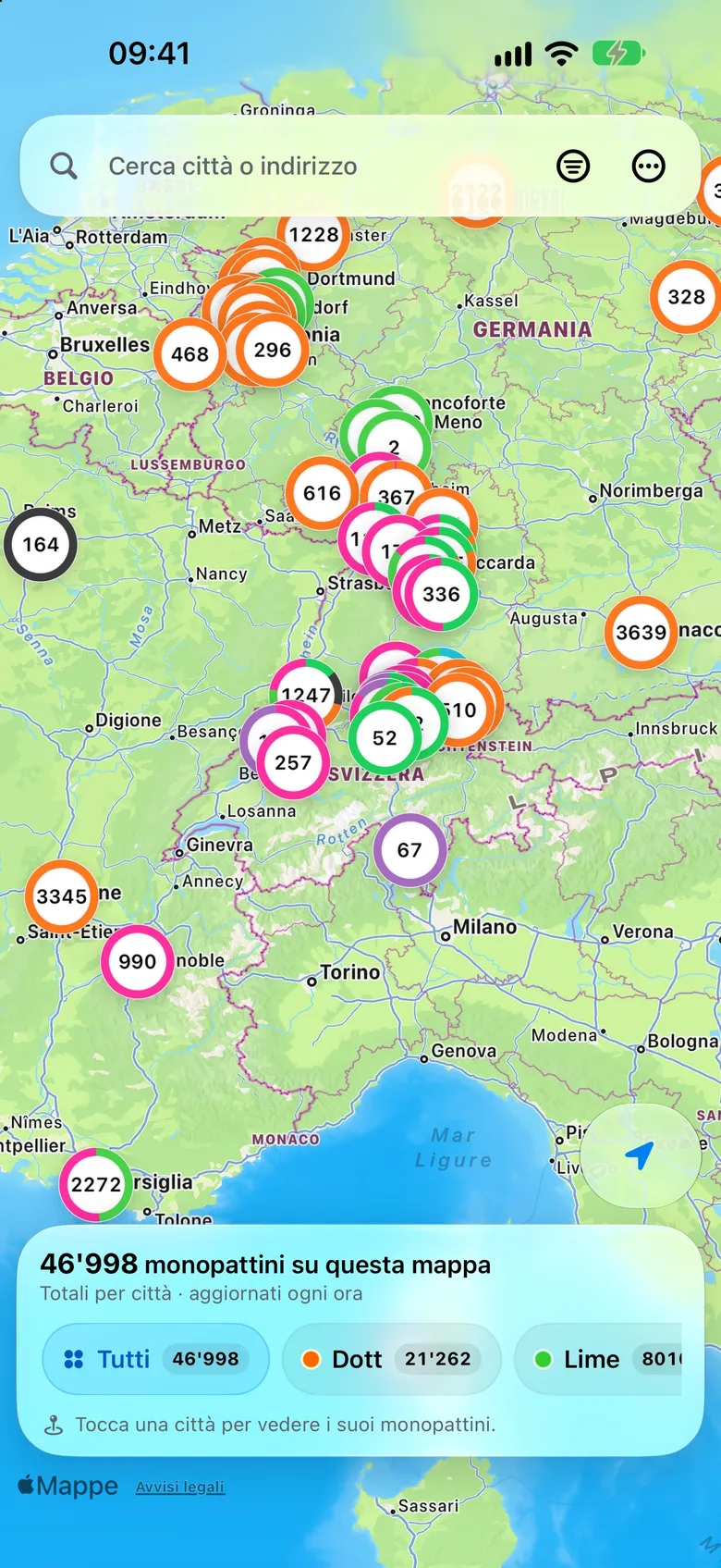 La mappa dell’Europa vista da lontano, con il numero di monopattini in ogni città.