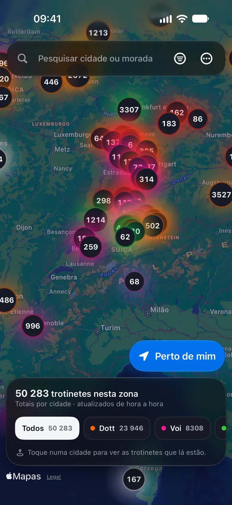 O mapa à noite, a mostrar toda a Europa, com o número de trotinetes de cada cidade.